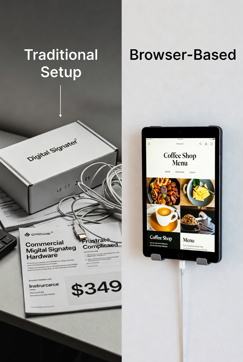 Side-by-side comparison showing traditional hardware setup vs. browser-based setup with repurposed tablet. AI generated